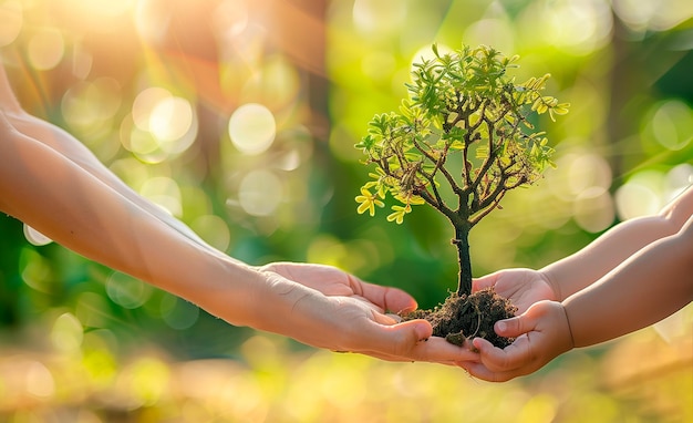 mãos de criança segurando árvore em fundo de natureza verde desfocado com cópia espaço dia da Terra eco conceito