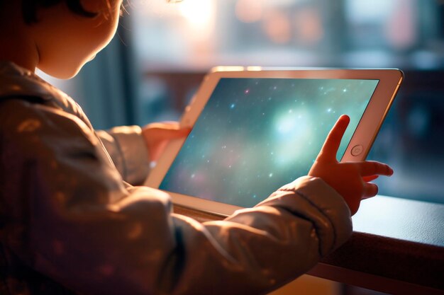 Mãos de criança segurando um tablet