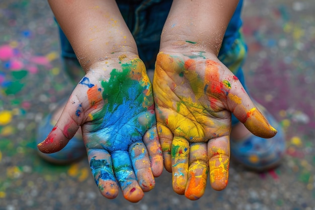 Mãos de crianças cobertas de pintura em pó Holi colorida para a celebração do Festival das Cores