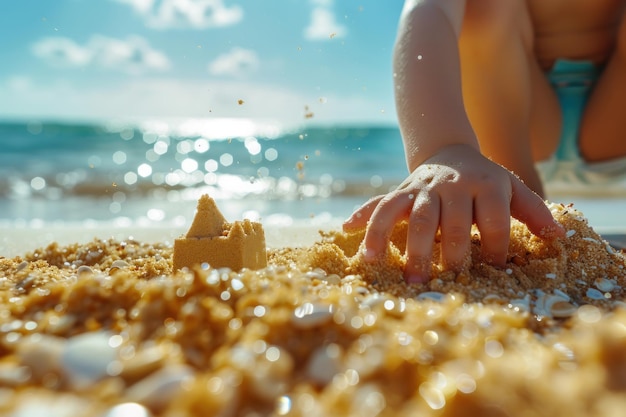 Mãos de crianças criando um castelo de areia em uma praia ensolarada Vista detalhada de uma criança com mãos de crianças meticulosamente construindo um castello de areia numa praia brilhante e ensolarada