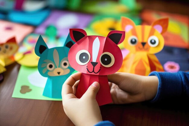 Foto mãos de crianças fazendo artesanato de papel colorido