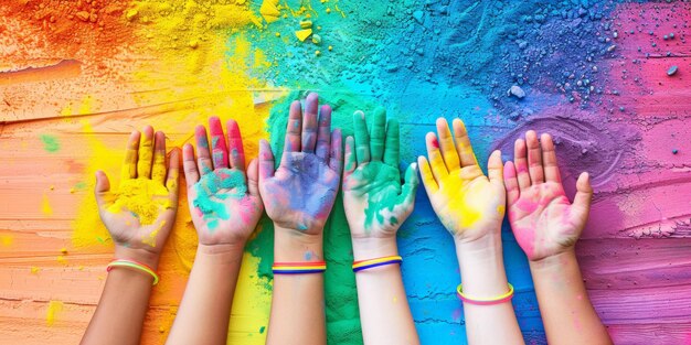Mãos de crianças pintadas em vários tons expressando alegria e criatividade