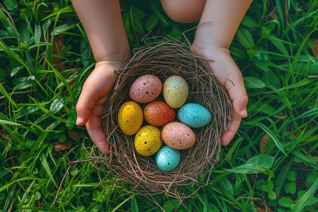 Mãos de crianças segurando um ninho com ovos coloridos de Páscoa em um prado verde