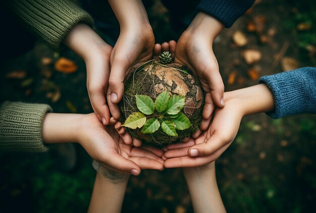 Mãos de crianças segurando uma pequena terra verde