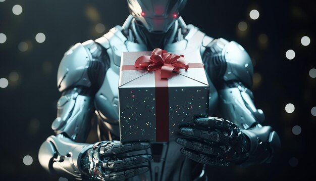 mãos de cyborg andróide humanoide projetado por segurar caixa de presente decorada com bandeira de Natal