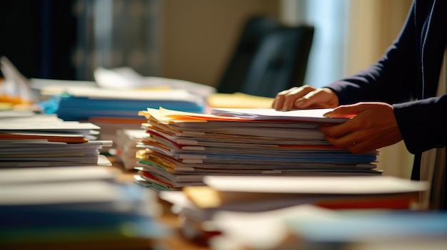 Mãos de empresária trabalhando em pilhas de arquivos de papel para pesquisar e verificar documentos inacabados em pastas de papéis no escritório ocupado da mesa de trabalho