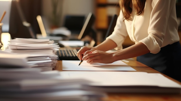 Mãos de empresária trabalhando em Pilhas de arquivos em papel para pesquisar informações na mesa de trabalho em pilhas de documentos de relatórios de negócios do escritório, alcançadosCriado com tecnologia Generative AI