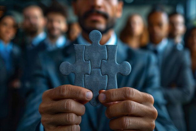 Foto mãos de empresário e equipe com peça de quebra-cabeça para resolver problemas de construção ou solução no escritório