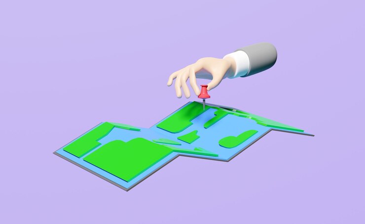 Foto mãos de empresário em 3d segurando um alfinete com um mapa isolado em fundo roxo mapa abstrato conceito de viagem à terra ilustração de renderização em 3d
