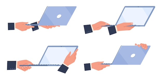 Mãos de empresário segurando laptop Gadget com teclado Trabalhando ou estudando on-line Tecnologia de computador Usando pc Desenho animado plano ilustração isolada diferentes ângulos de visualização Conceito vetorial