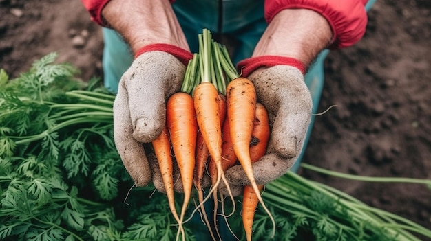 Mãos de fazendeiro em luvas segurando um feixe de cenoura