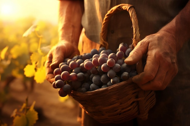 Mãos de fazendeiro masculino colhendo uvas do vinhedo Generative Ai