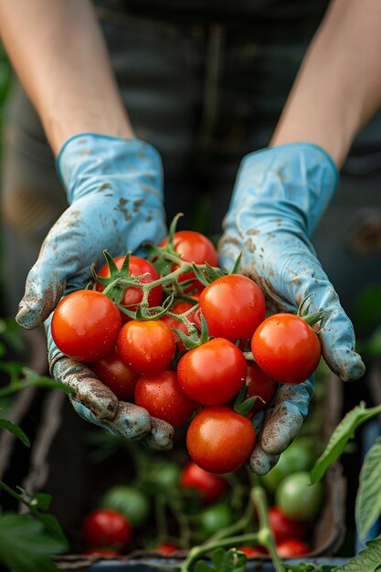 Mãos de fazendeiros segurando tomates de cereja frescos em uma estufa