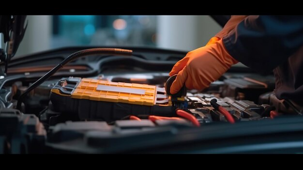 Foto mãos de foco seletivo em luvas de técnico especializado em carro elétrico ev enquanto aberto uma bateria de carro de íon de lítio usada antes de seu reparo generative ai