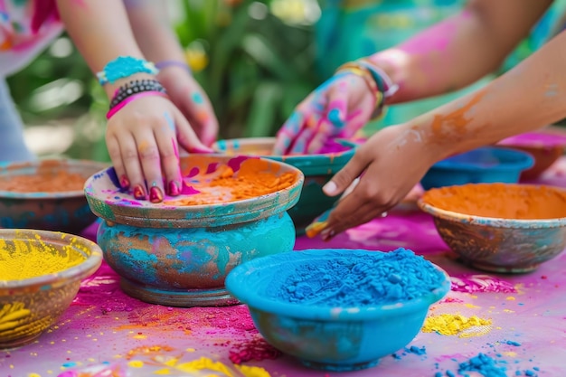 Mãos de holi coloridas