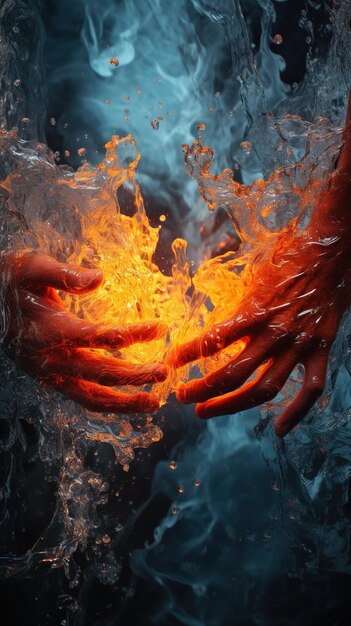 Mãos de homem e mulher em fogo e fumaça em fundo escuro AI generative