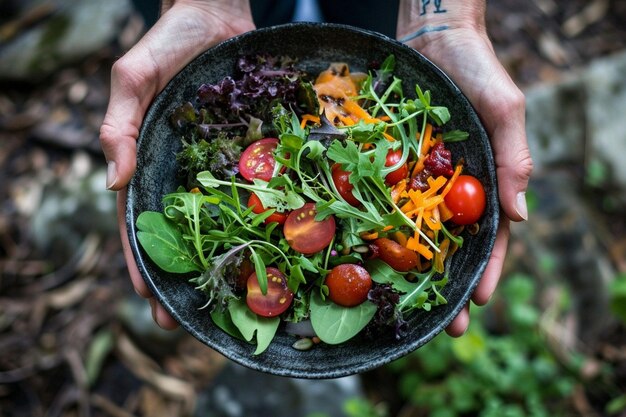Foto mãos de homem segurando um prato grande e profundo cheio de salada vegetariana paleo saudável