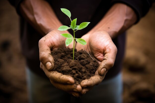 Mãos de homem segurando uma planta verde jovem com fundo de solo