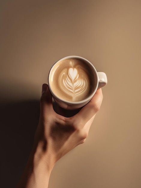 Mãos de homem segurando uma xícara de cappuccino delicioso com latte art servido na mesa bege Generative AI