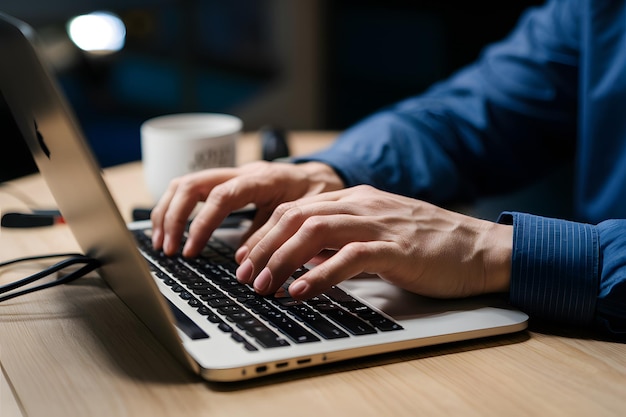 Mãos de homens experientes em digitação tecnicamente operam com proficiência o teclado do pc