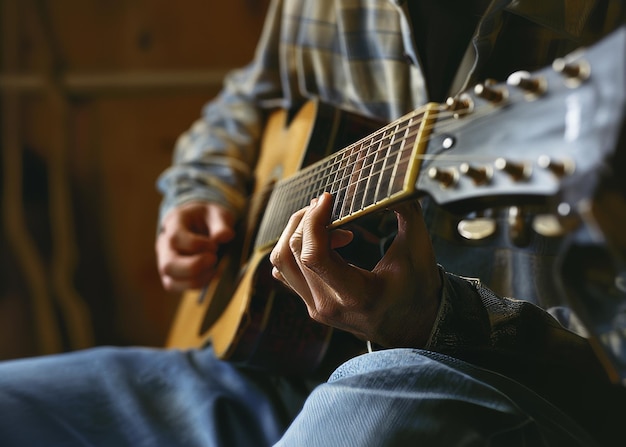 Mãos de homens jovens tocando guitarra acústica