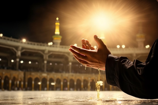 Mãos de homens rezando em Meca