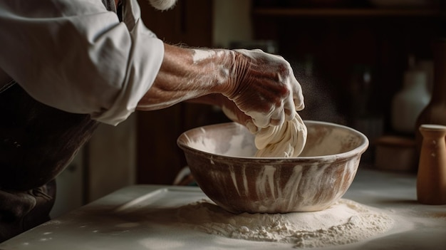 Mãos de IA generativas de padeiro em restaurante ou cozinha doméstica preparam doces ecologicamente naturais