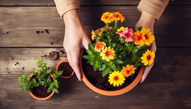 Mãos de jardineiro tomando vaso com flores em flor para jardineiros domésticos