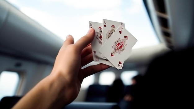 Mãos de jogadores seguram cartas em cartas de jogos de entretenimento de cassino Férias divertidas no resort Um baralho de cartas