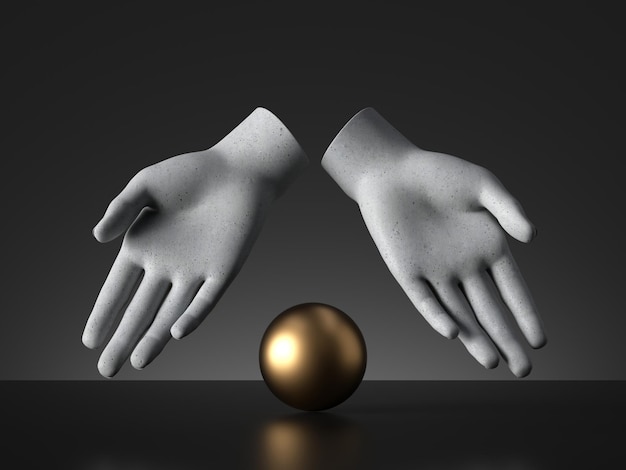 mãos de manequim de renderização 3D mostrando bola de ouro
