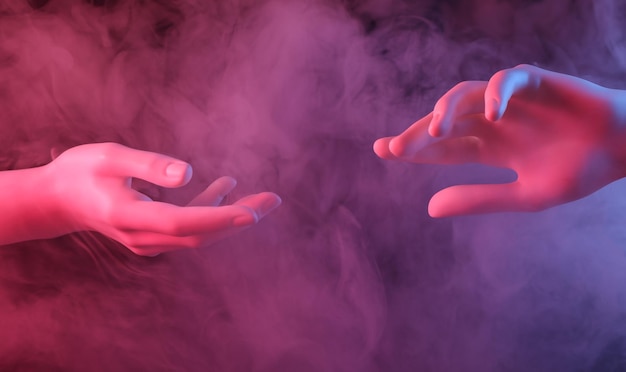 Mãos de manequim em fumaça densa com luz de néon redblue