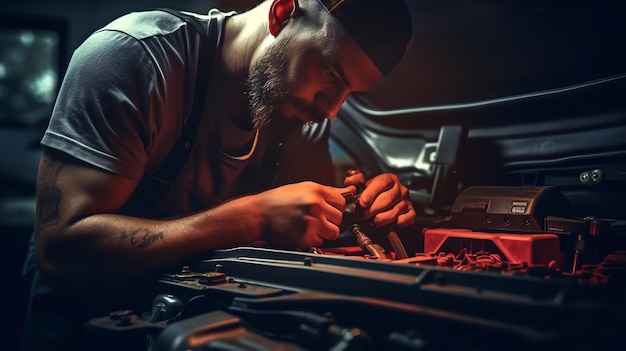 Mãos de mecânico trabalhando em veículos elétricos. Ai generativo.