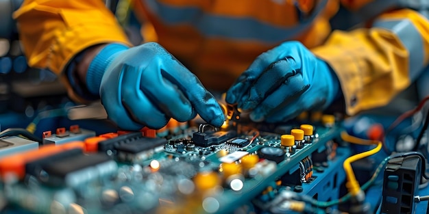 Mãos de mecânico trabalhando na bateria do carro em uma oficina de reparação de automóveis verificando o sistema elétrico Conceito Reparações de automóveis Verificação de bateria do carro Sistemas elétricos Empresa de reparo de automóveis Mecânicos Mãos