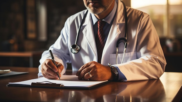 Mãos de médico escrevendo em papel ou documento em uma mesa branca