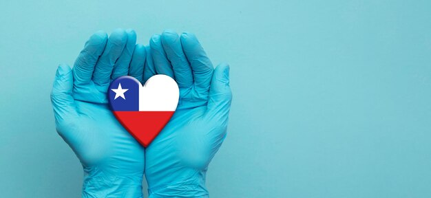 Mãos de médicos usando luvas cirúrgicas segurando o coração da bandeira do chile