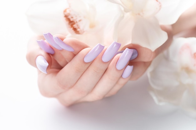 Mãos de menina com manicure roxa delicada e flores de orquídea