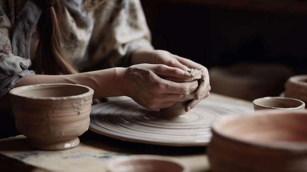 Mãos de menina esculpem caneca com argila cerâmica na roda de oleiro fecham