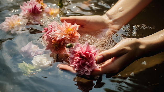 Mãos de meninas deixando flores sagradas na água