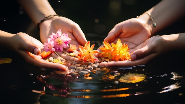 Mãos de meninas liberando flores sagradas na água