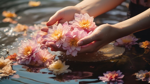 Mãos de meninas liberando flores sagradas na água