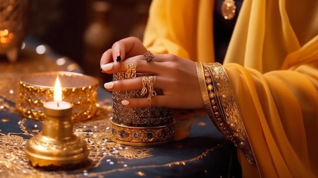 mãos de mulher árabe de moda com velas de diwali feriado