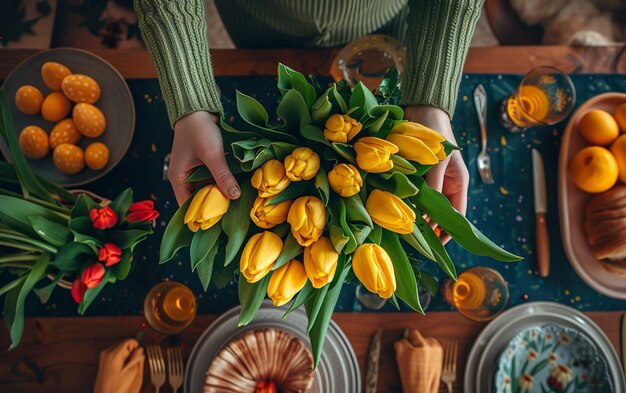 Mãos de mulher arranjando tulipas amarelas no jantar de Páscoa