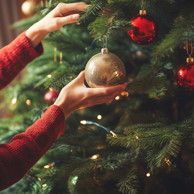 Mãos de mulher colocando bola em pinheiro de Natal gerado com IA