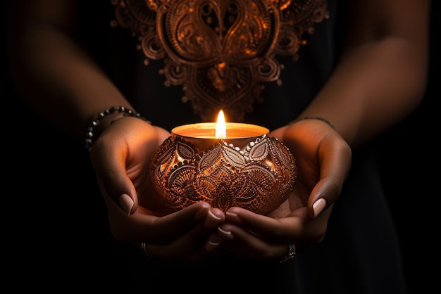 Mãos de mulher com henna segurando vela acesa isolada em fundo preto com caminho de corte