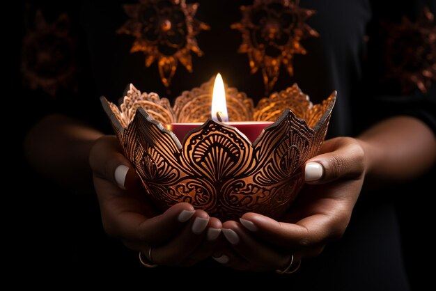 Foto mãos de mulher com henna segurando vela acesa isolada em fundo preto com caminho de corte