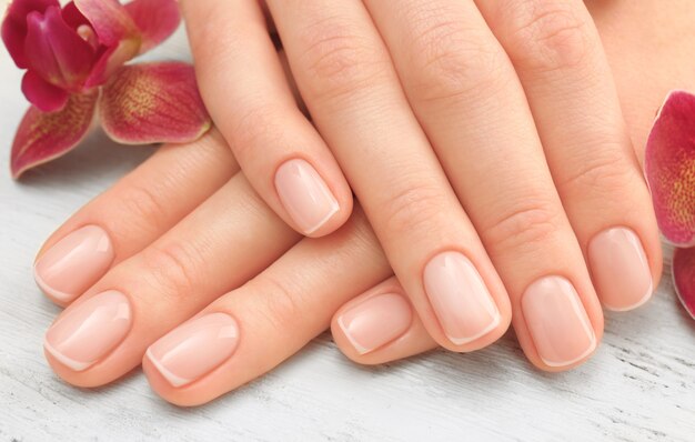 Mãos de mulher com linda manicure e orquídea roxa na madeira, close-up