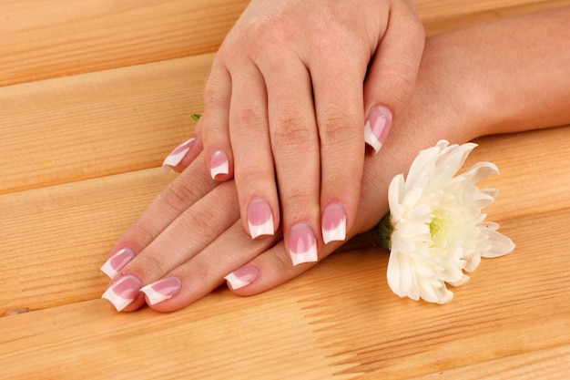 Mãos de mulher com manicure francesa e flor em fundo de madeira