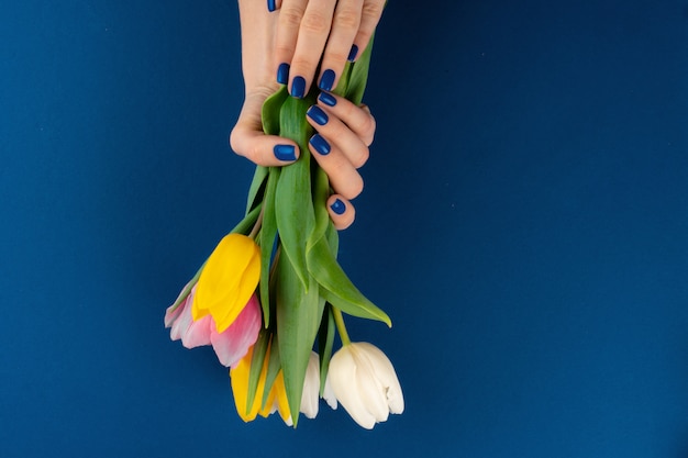 Mãos de mulher com manicure segurando tulipas coloridas