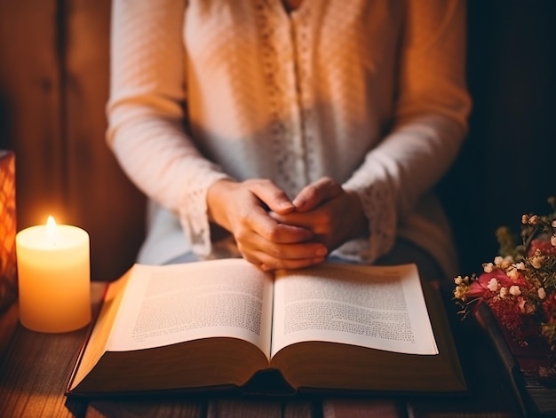 Foto mãos de mulher com vela e bíblia orando