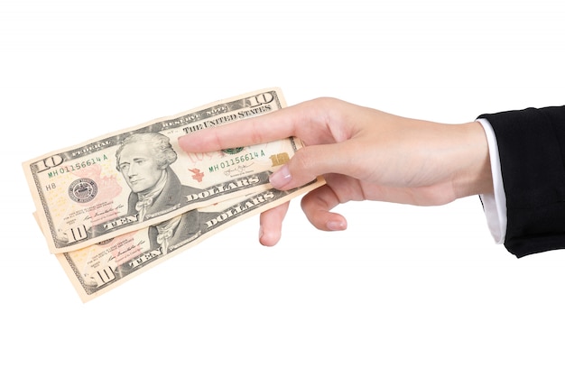 Mãos de mulher de negócios dando dinheiro dólar para pagar isolado no fundo branco